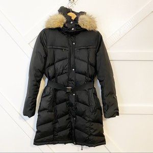 Marc New York Fur Detachable Hood Down Button Down Belted Puffer Jacket Black S